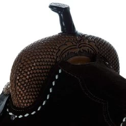 Tomahawk Chocolate Roughout 14 1/2 Inch Barrel Saddle With Tooling And White Buckstitch 7 Tomahawk Chocolate Roughout 14 1/2 Inch Barrel Saddle With Tooling And White Buckstitch -Equestrian Supplies Sale TH 006 03